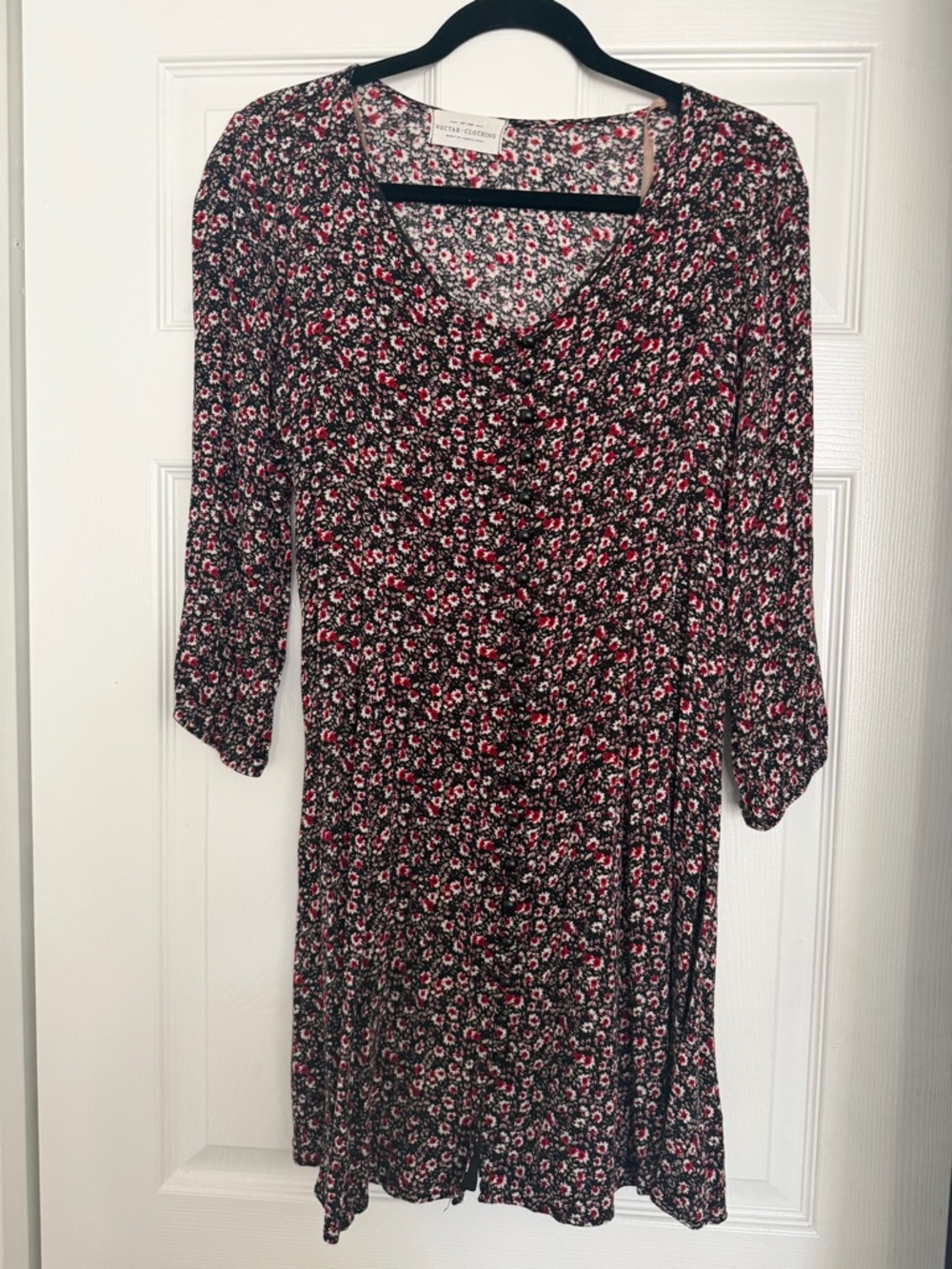 Floral 3/4 Sleeve Swing Dress - Black and Pink